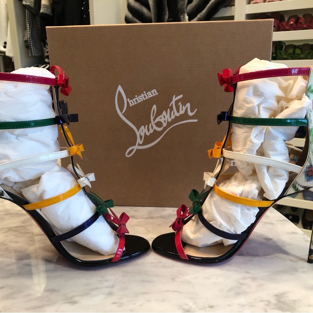 New Christian Louboutin Girlistrappi Leather Multi Color Bows Sandals Heels 40 - Picture 3 of 7